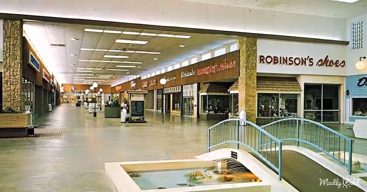 Robinson's Shoes store in a spacious, empty shopping mall with a central fountain and stone pillars.