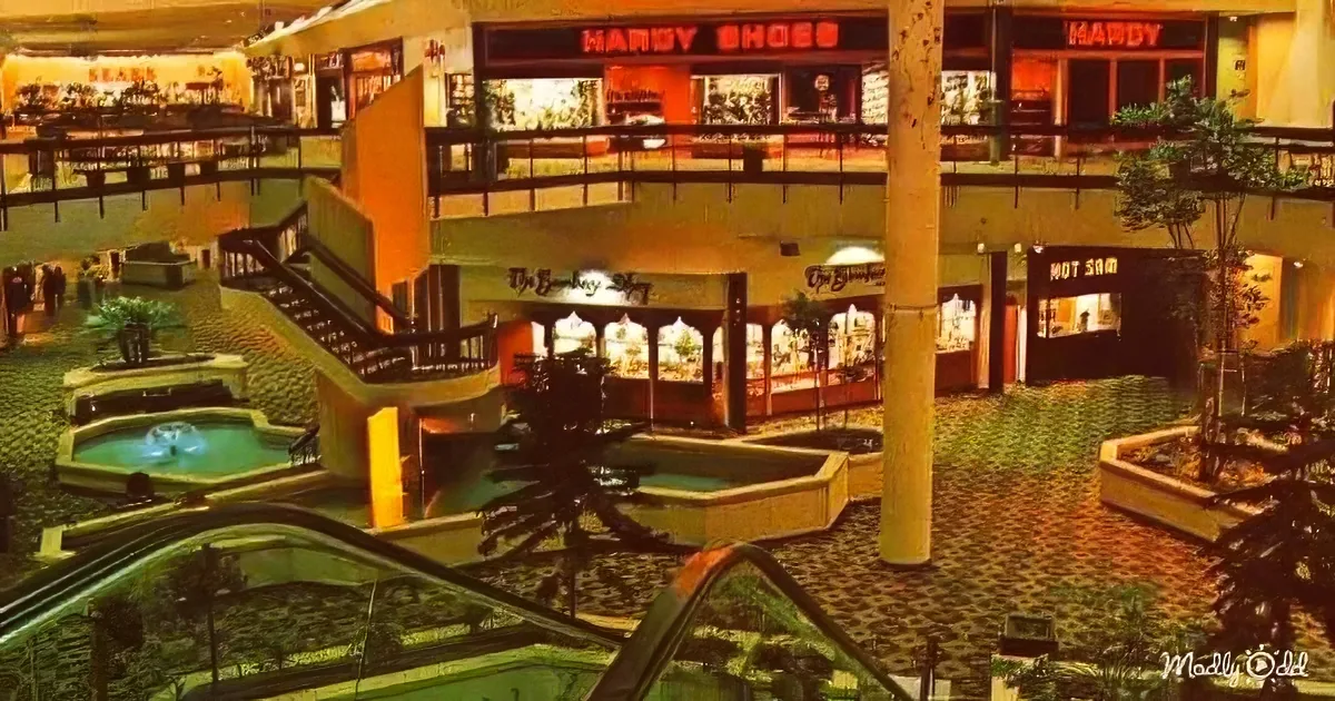 A vintage shopping mall with a fountain, escalators, and various stores, including "Hardy Shoes" and "The Bay Shop."