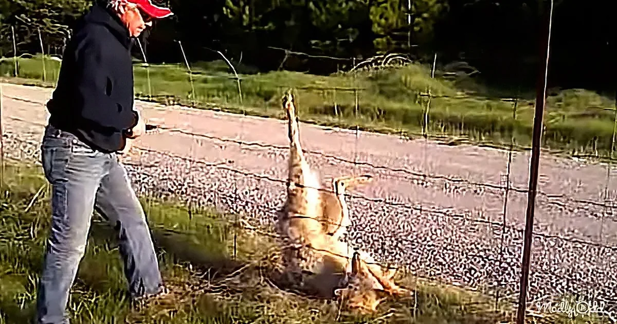 A man in a red cap and black jacket stands near a fence, observing a large, light-colored animal, possibly a deer, lying...