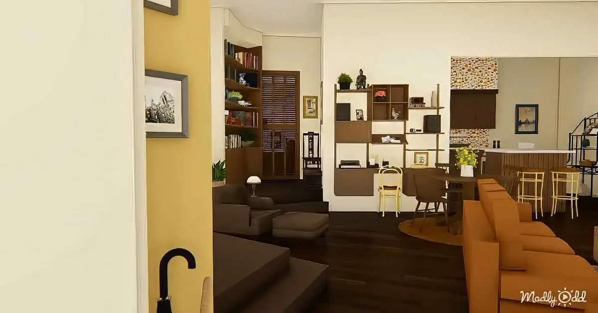 A cozy living room with a brown sectional sofa, wooden shelves, and a kitchen area in the background.