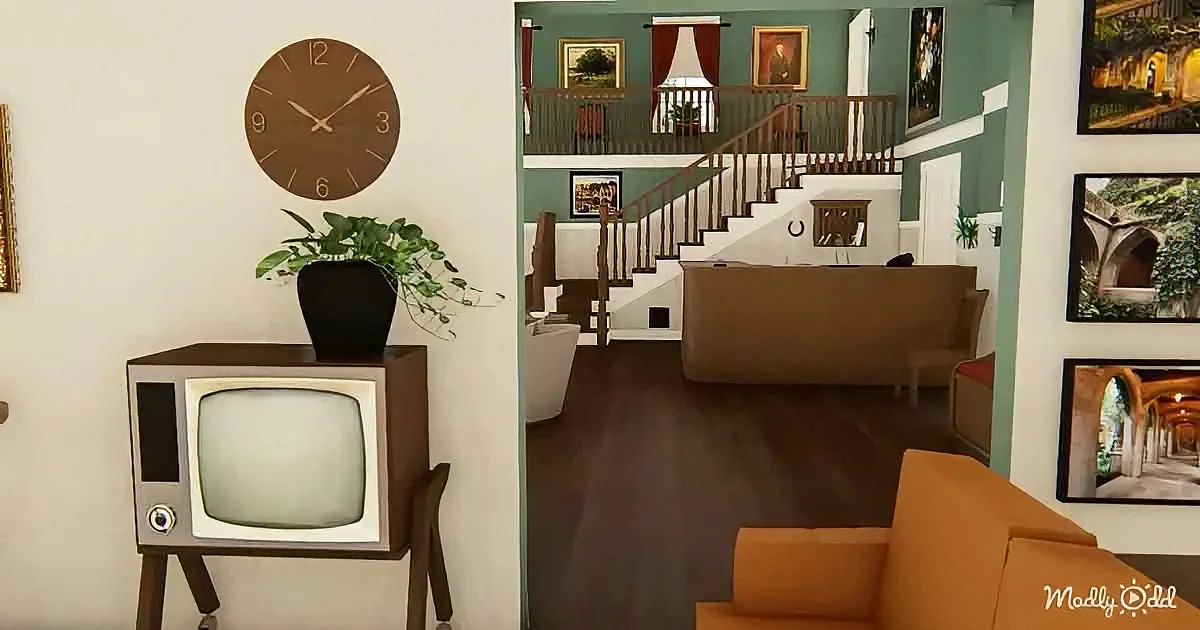 A vintage TV sits on a stand in a room with a clock, plant, and staircase leading to a second floor.