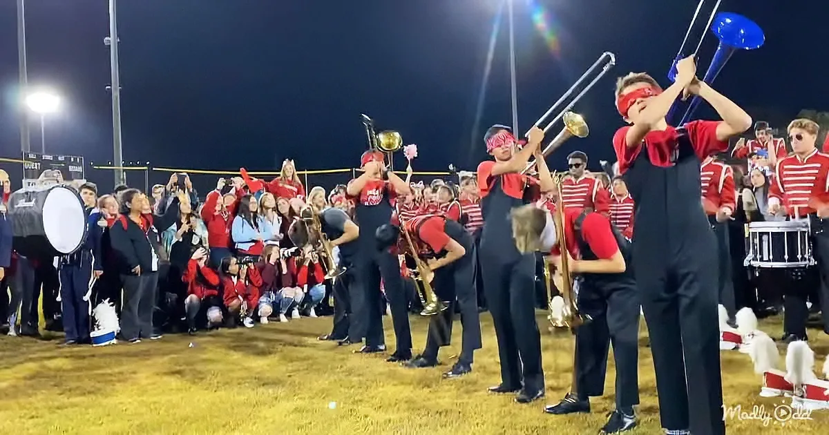 A marching band in red and black uniforms performs on a field at night, with a crowd watching.