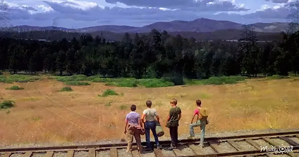 Four children stand on train tracks, gazing at a vast, open landscape with trees and mountains in the distance.