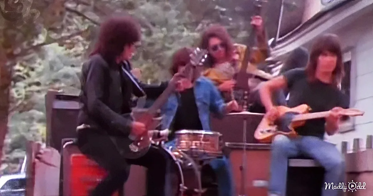 A band performs outdoors with a drummer, guitarist, and bassist, surrounded by trees and a building.