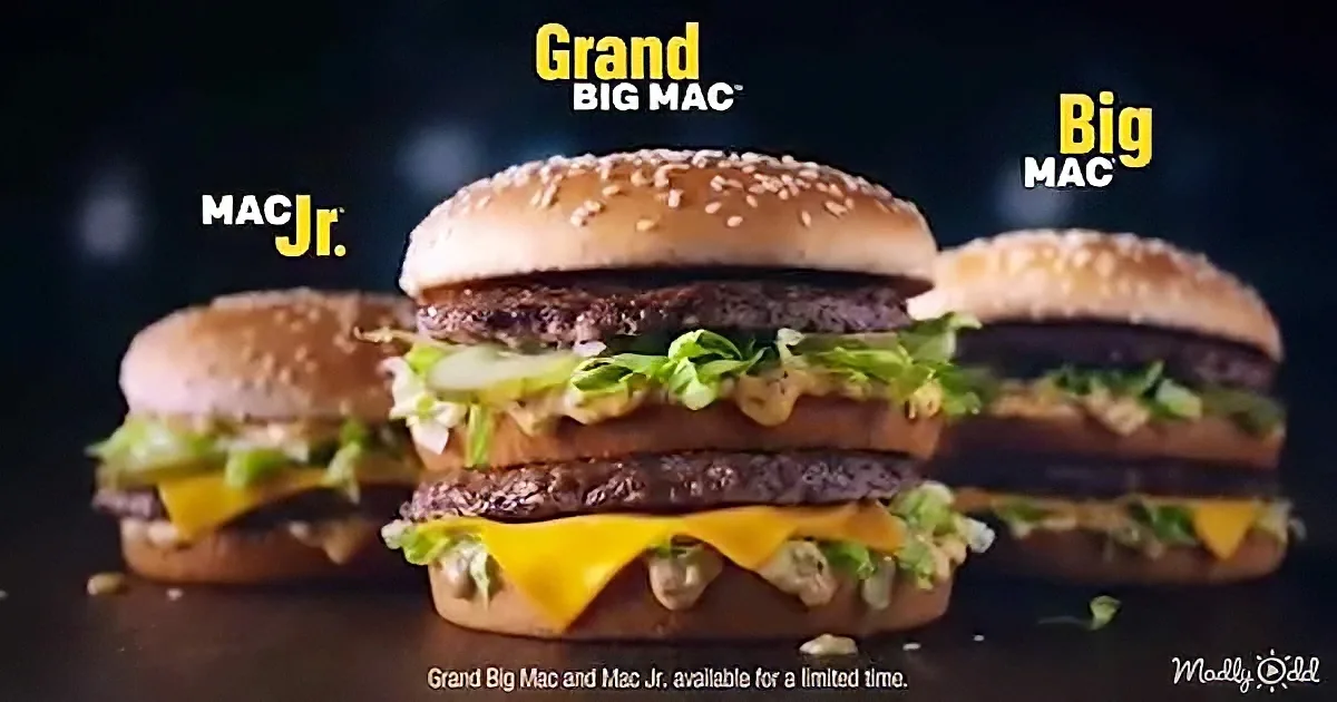 A Grand Big Mac sandwich with a smaller Mac Jr. sandwich beside it, both with sesame seed buns and cheese.