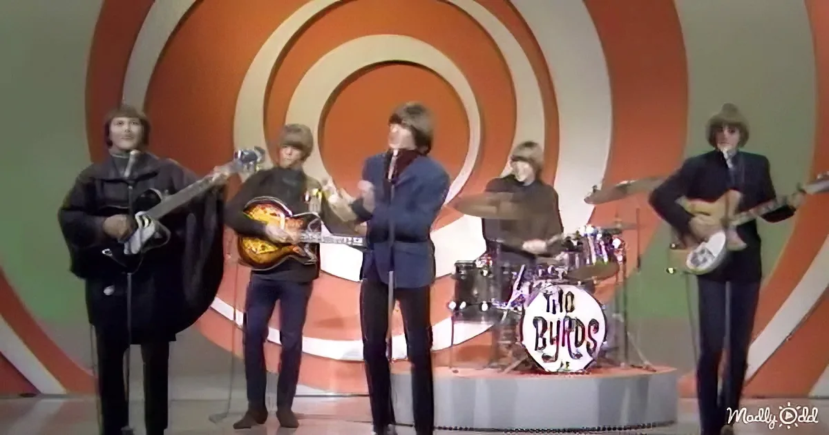 The Byrds perform on stage with a circular orange and white backdrop.