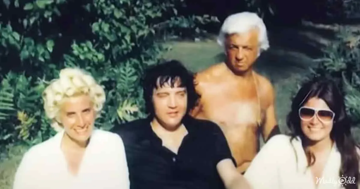 Elvis Presley poses with three people in a lush outdoor setting.