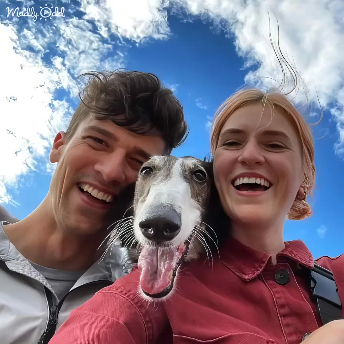 A happy couple and their dog smile under a bright blue sky with scattered clouds.