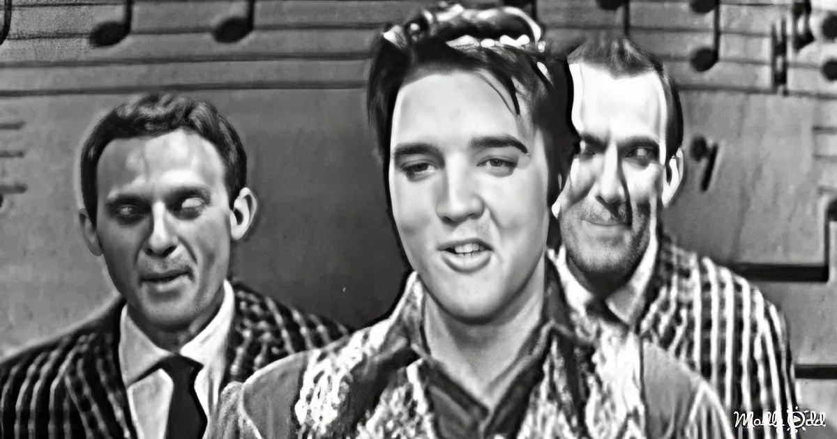 Elvis Presley sings passionately in a black-and-white scene with two men in striped shirts behind him.