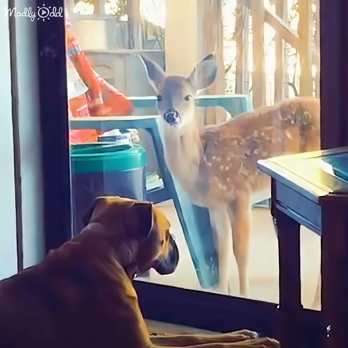 A brown dog watches a fawn standing outside through a glass door.