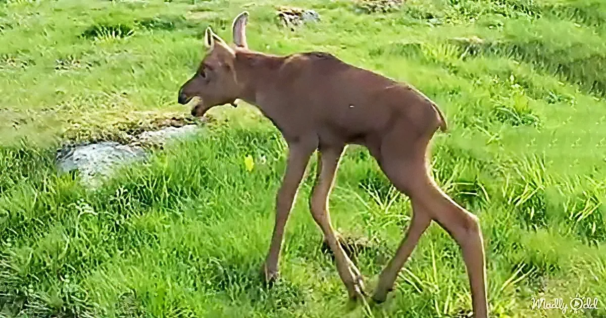A young deer stands in a grassy field, looking to the left.
