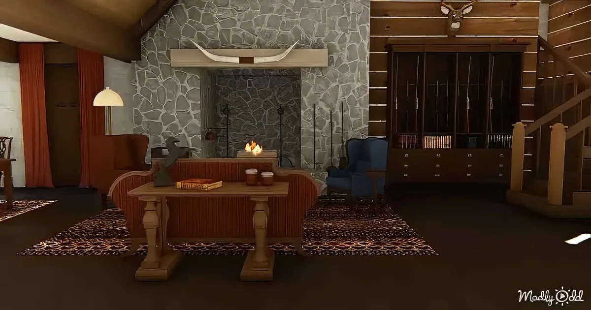 A cozy cabin interior with a stone fireplace, wooden furniture, and a deer head mounted on the wall.