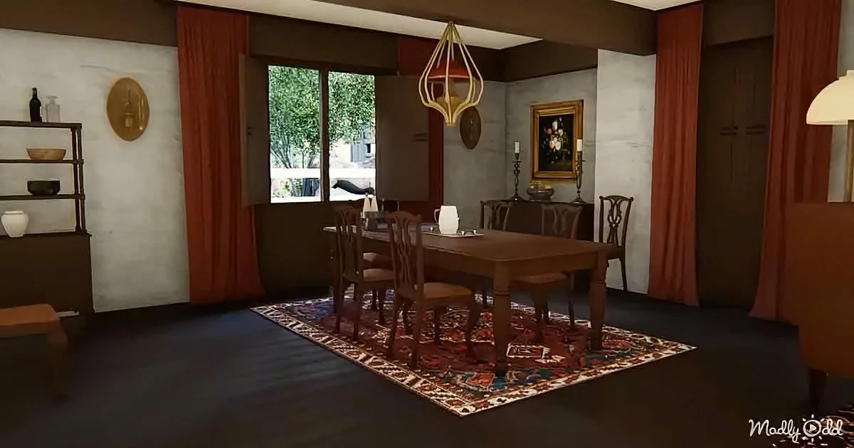 A dining room with a wooden table, chairs, and a patterned rug, featuring a window with curtains and a decorative wall.