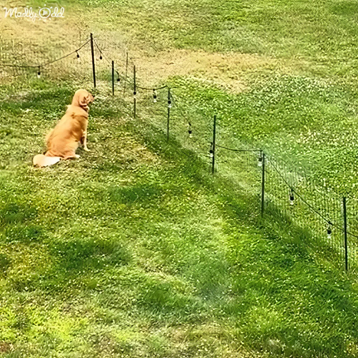 A golden retriever sits on grass, facing a line of black poles and wires, possibly part of an electric fence.