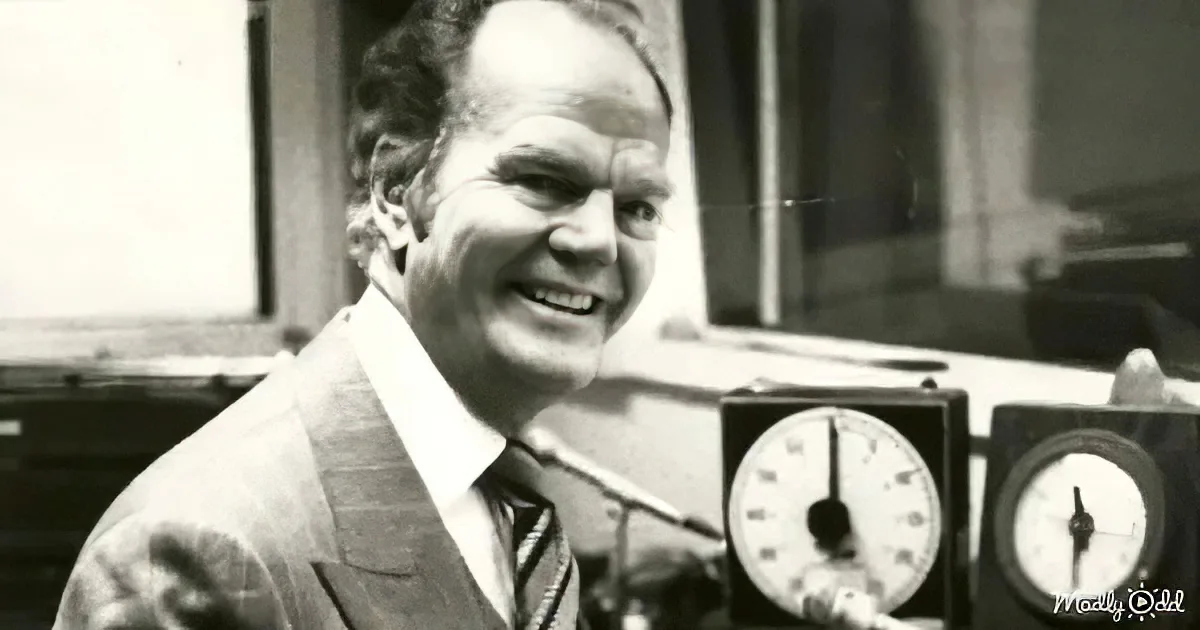 A smiling man in a suit and tie stands in front of clocks, possibly in a radio or TV studio.