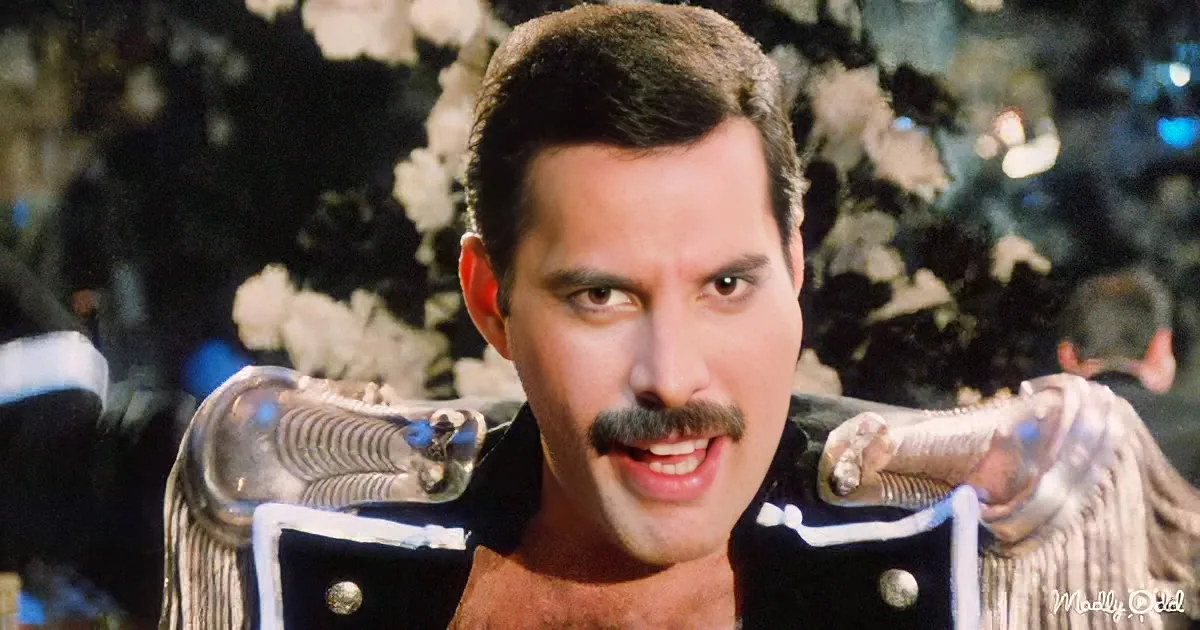 Freddie Mercury, wearing a black and white uniform, holds a silver object, with a floral background.