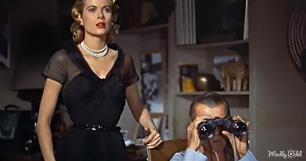 A woman in a black dress and pearl necklace stands confidently, while a man in the background uses binoculars.