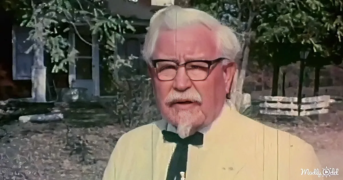 An elderly man with white hair and glasses, wearing a yellow suit and black bow tie, stands in front of a house with...