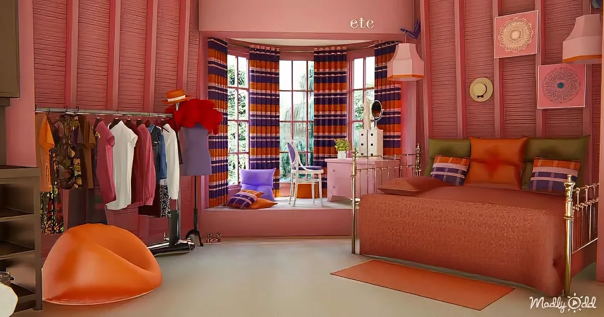 A vibrant pink bedroom with a bed, wardrobe, and colorful decor, featuring a large window with striped curtains.