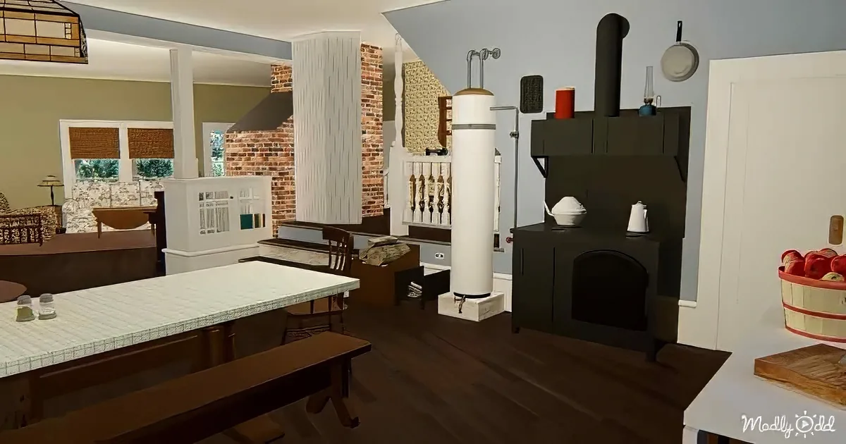 A rustic kitchen with a wood-burning stove, brick walls, and a vintage table setup.