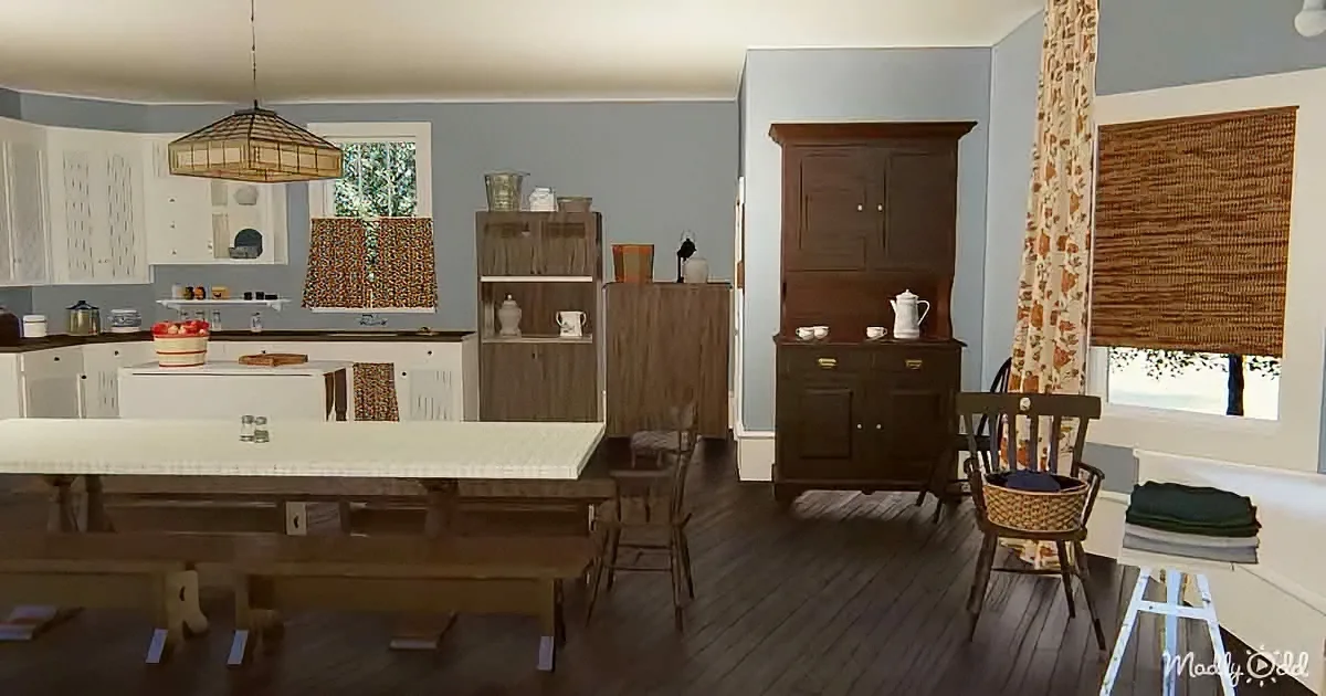 A rustic kitchen with wooden furniture, white countertops, and a dark wood floor.