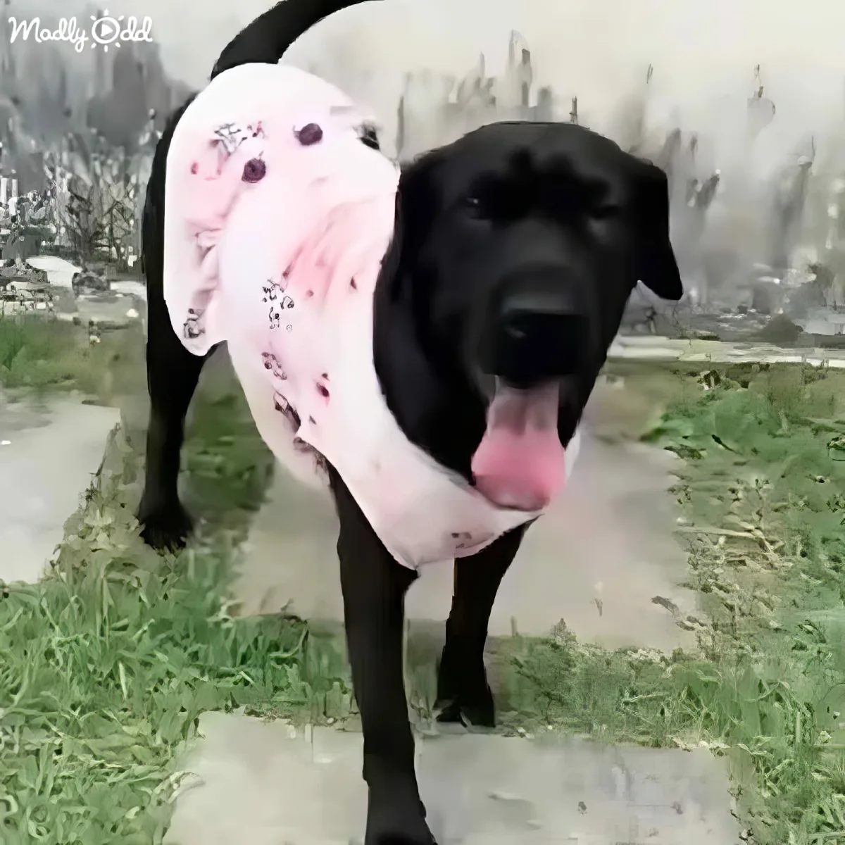 A black dog with a pink and white scarf stands on a grassy path, looking directly at the camera.