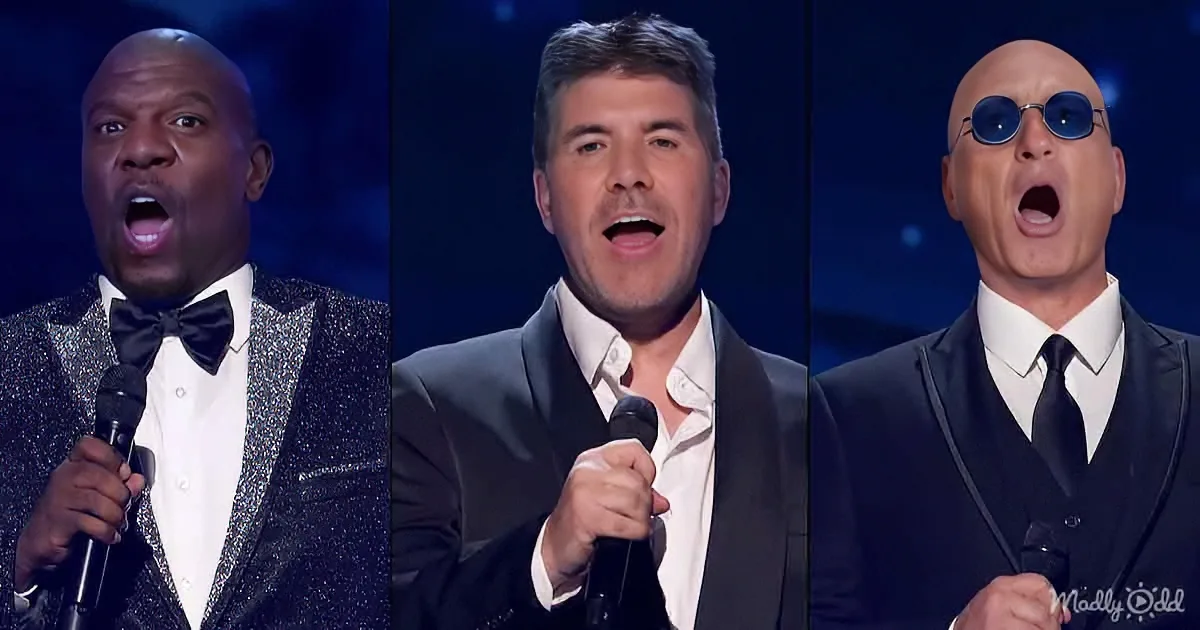Three men in suits sing into microphones, one wearing sunglasses, against a dark background.