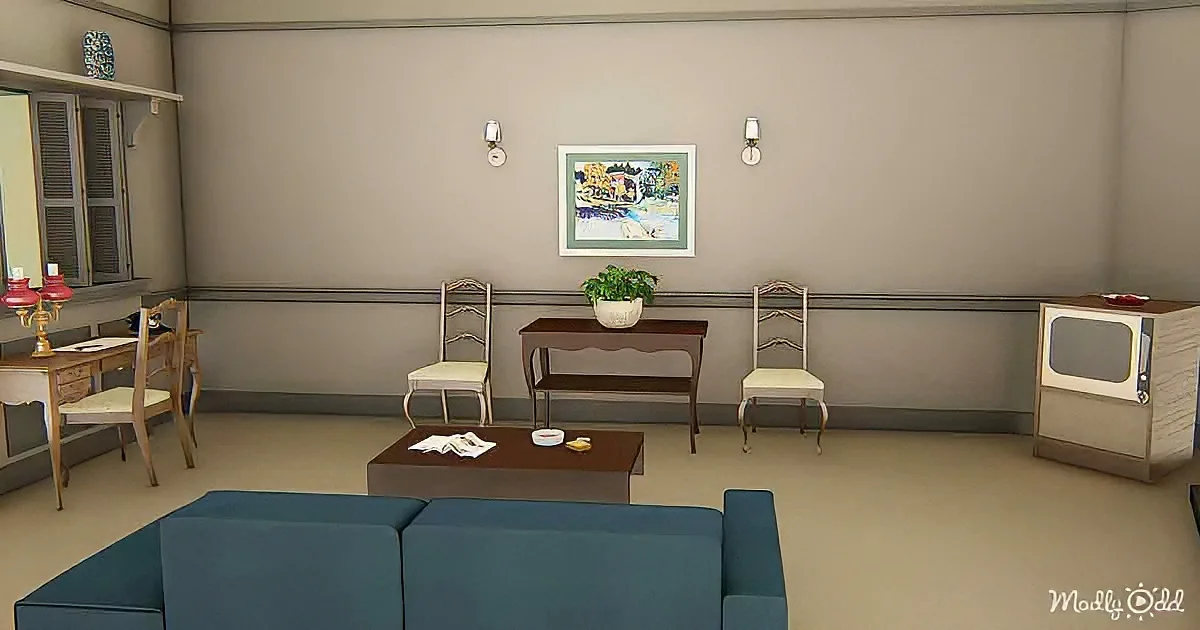 A cozy living room with a blue couch, wooden table, chairs, a plant, and a framed picture on the wall.