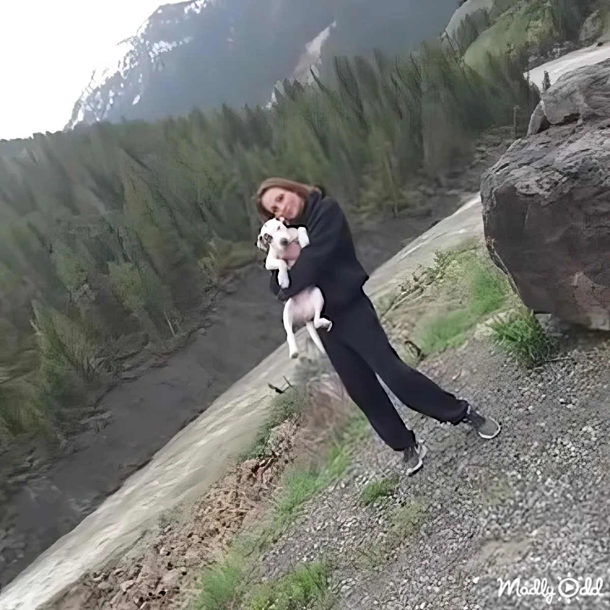 A woman holds a small white dog on a rocky trail with a forested mountain backdrop.