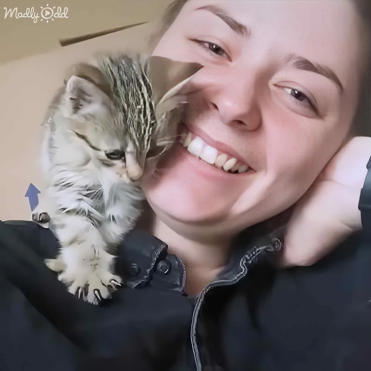 A person smiles while holding a small kitten close to their face.