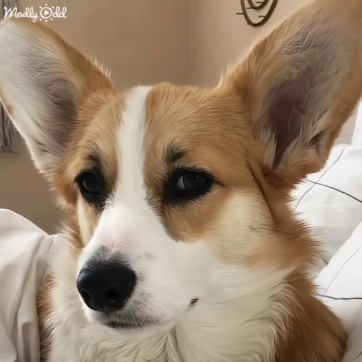 A close-up of a Corgi dog with large ears and a white and brown coat, looking slightly sad.