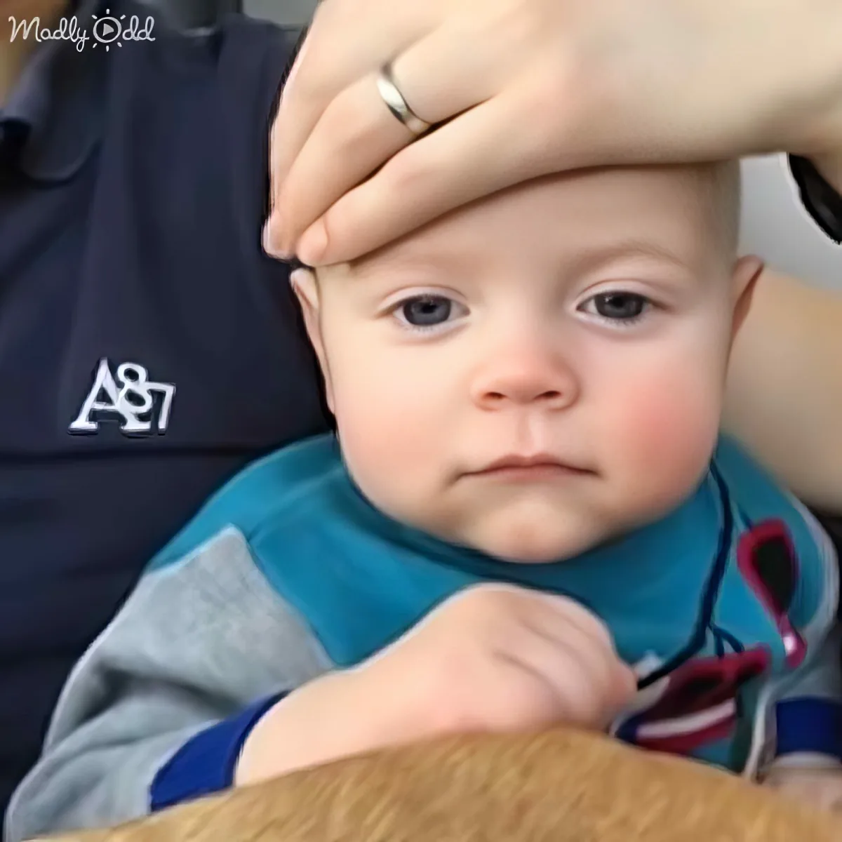 A baby in a blue bib sits with a hand on its head, looking slightly to the side.