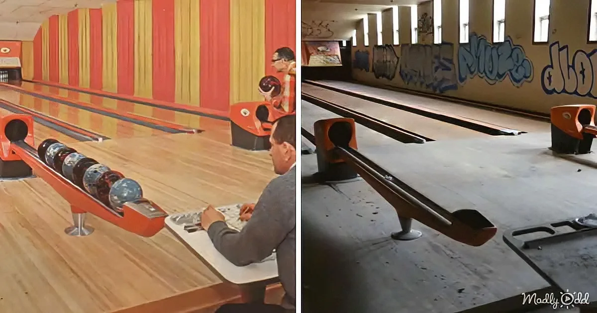 A man in a suit sits at a bowling alley, drawing, while bowling balls rest on a ball return.