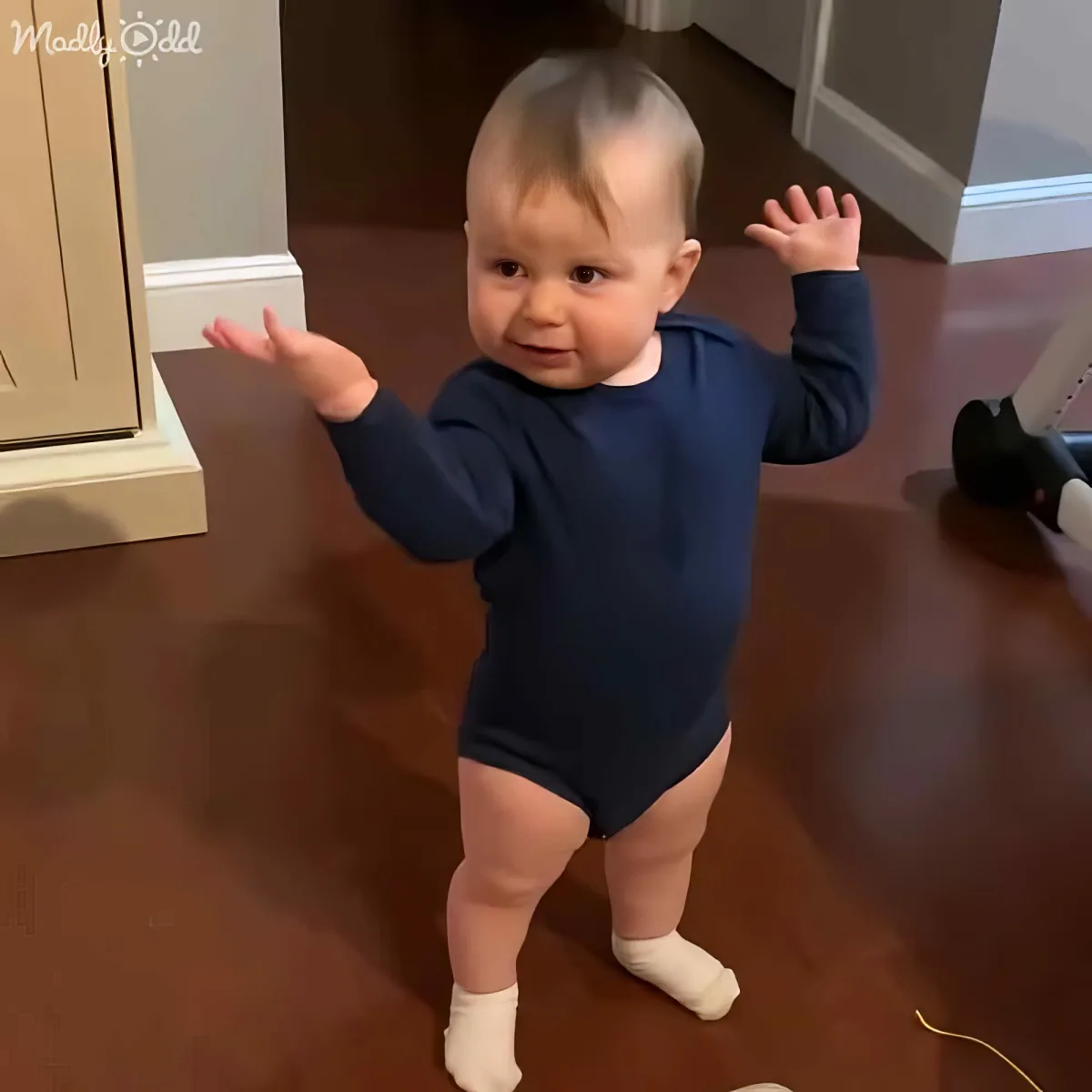 A baby in a navy blue onesie stands on a hardwood floor, arms outstretched, looking at the camera.