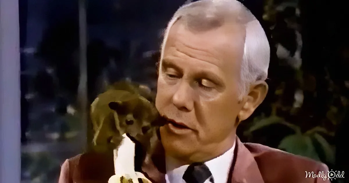 A man in a suit holds a banana, with a squirrel perched on his shoulder.