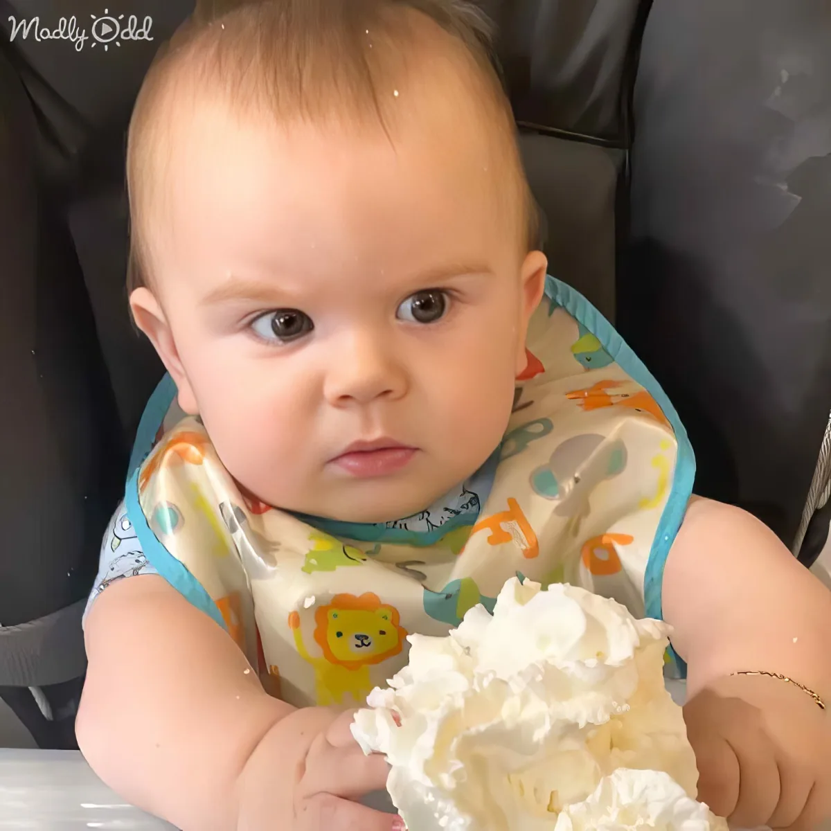 A baby in a bib holds a cake with frosting, looking at the camera with a curious expression.