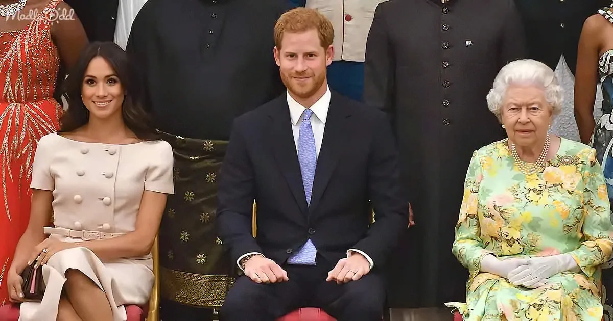 Prince Harry and Meghan Markle sit with Queen Elizabeth II in formal attire at a royal event.