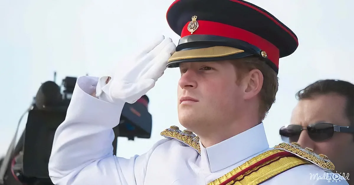 Prince Harry in military uniform salutes, wearing a red and black hat with gold trim.