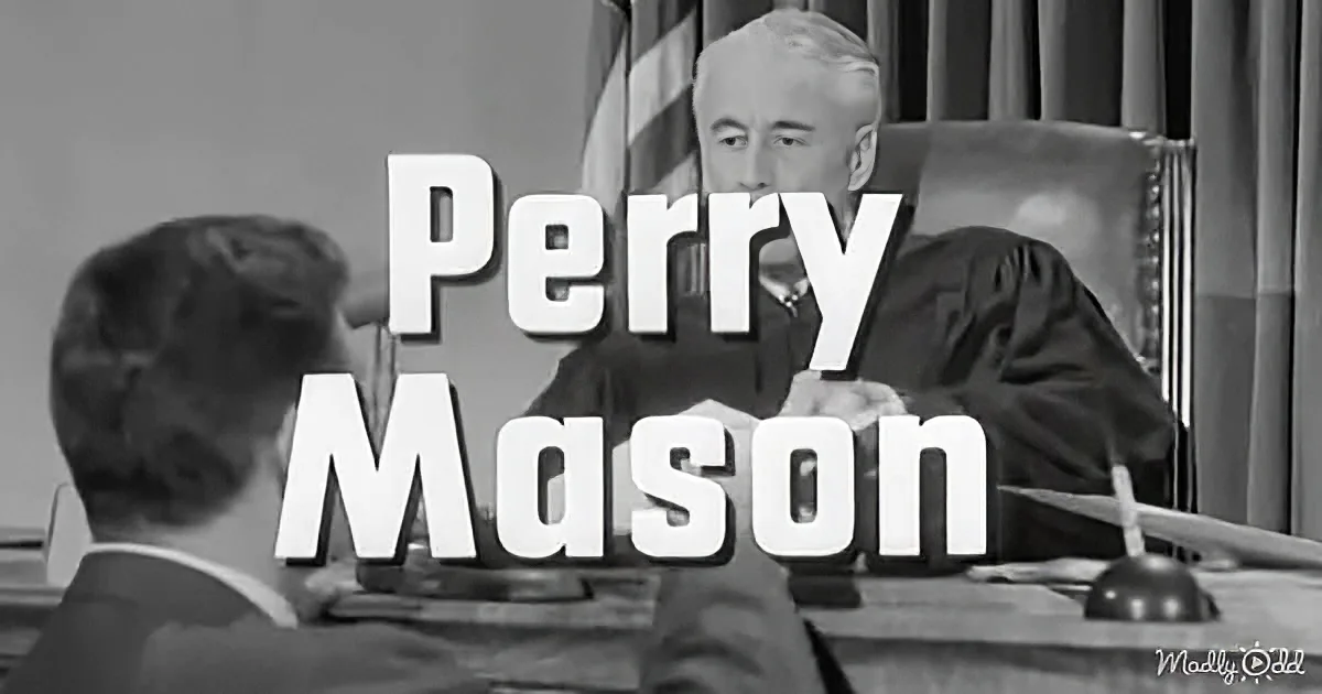 Judge in courtroom with "Perry Mason" text overlaid, two men facing each other.