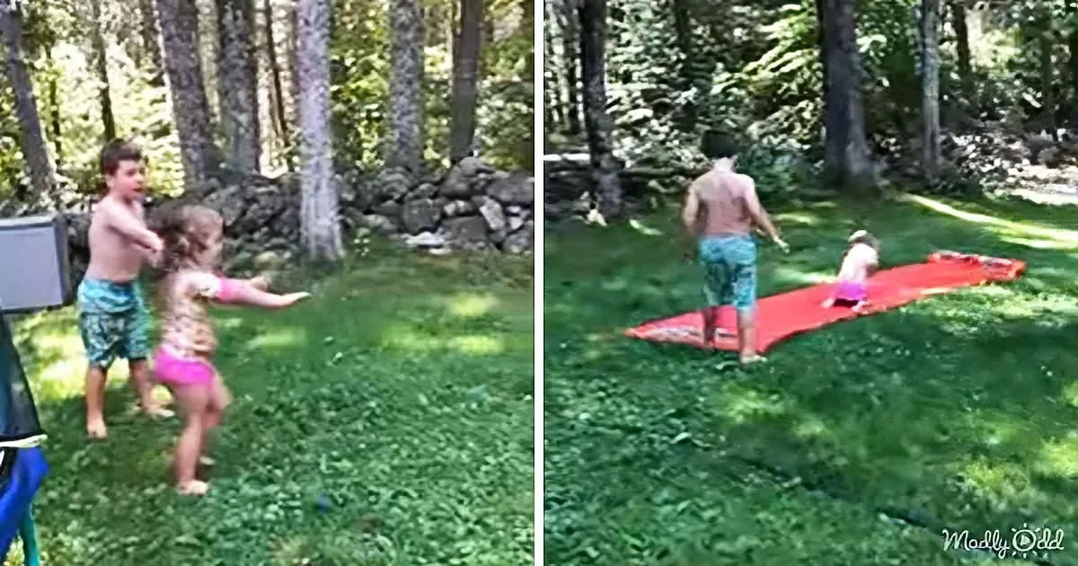 Big Brother Teaches Sister How to Sail Down Backyard Waterslide