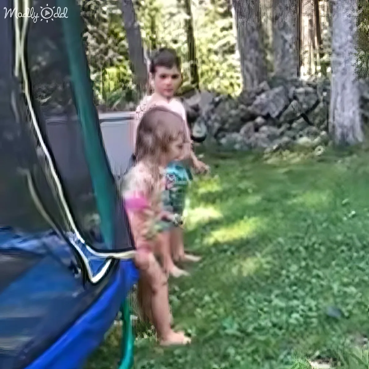 A young boy and girl stand on grass near a trampoline, with the boy holding the girl's hand.