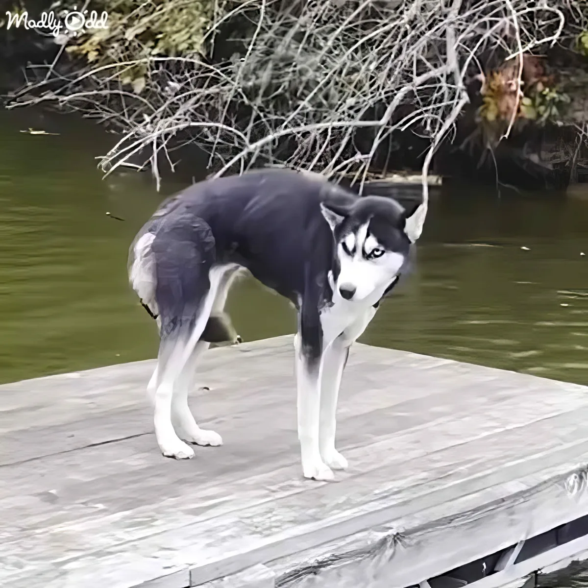 A black and white husky stands on a wooden dock by a calm body of water.