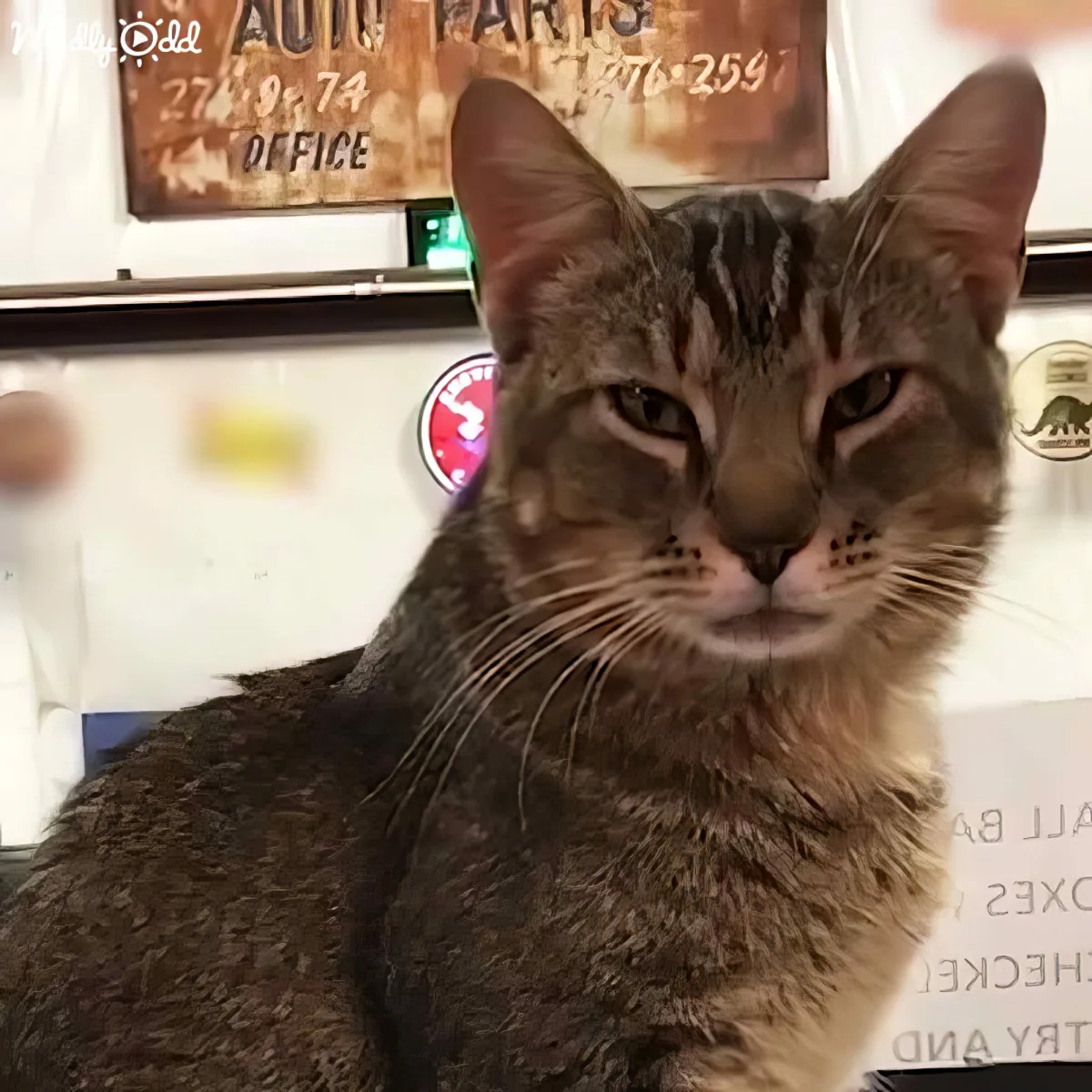 A brown tabby cat with a serious expression sits in front of a sign that reads "Auto Parts Office."