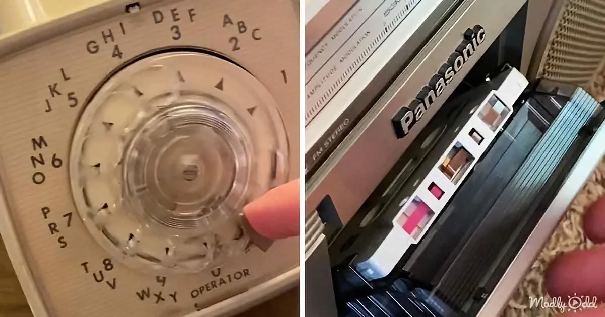 A vintage phone dial and a Panasonic tape recorder are shown, highlighting retro technology.