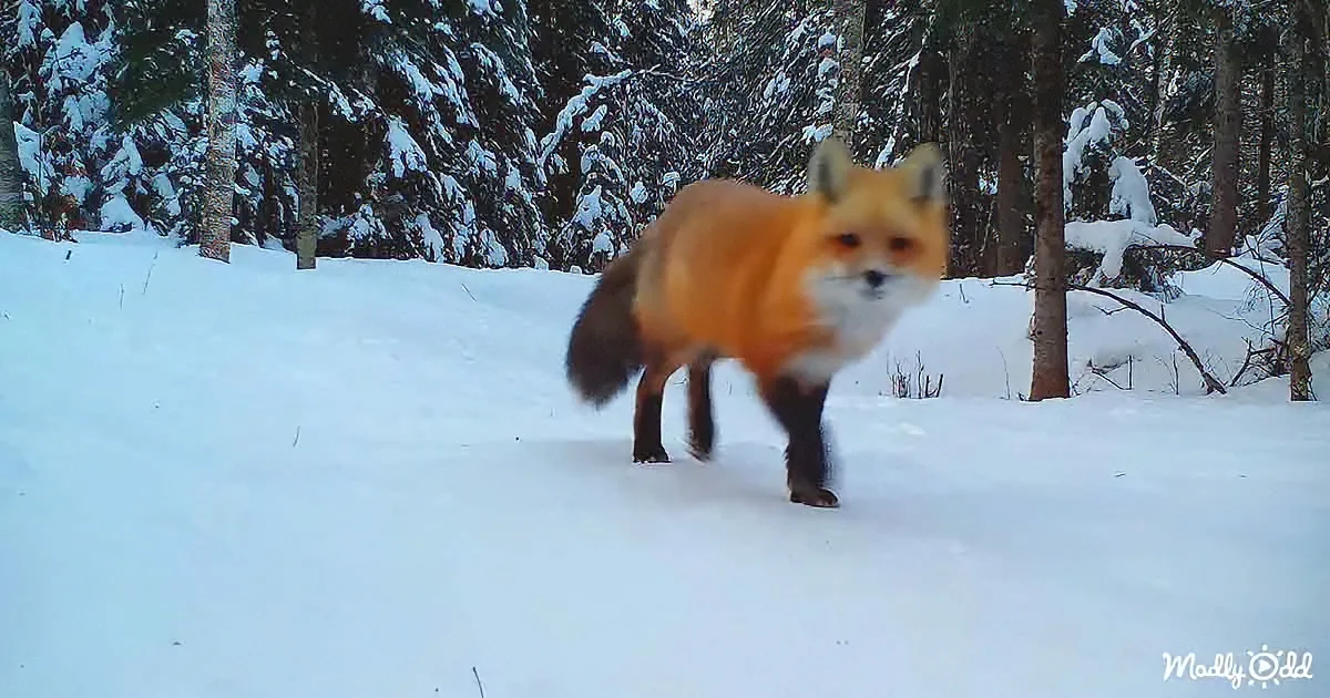 A fox stands in a snowy forest, its reddish fur contrasting with the white snow.