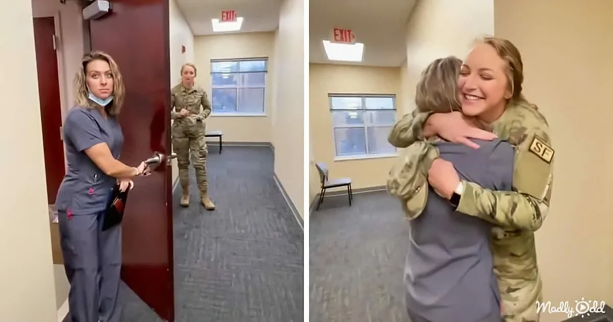 A woman in scrubs opens a door, revealing another in military uniform, who embraces her warmly.