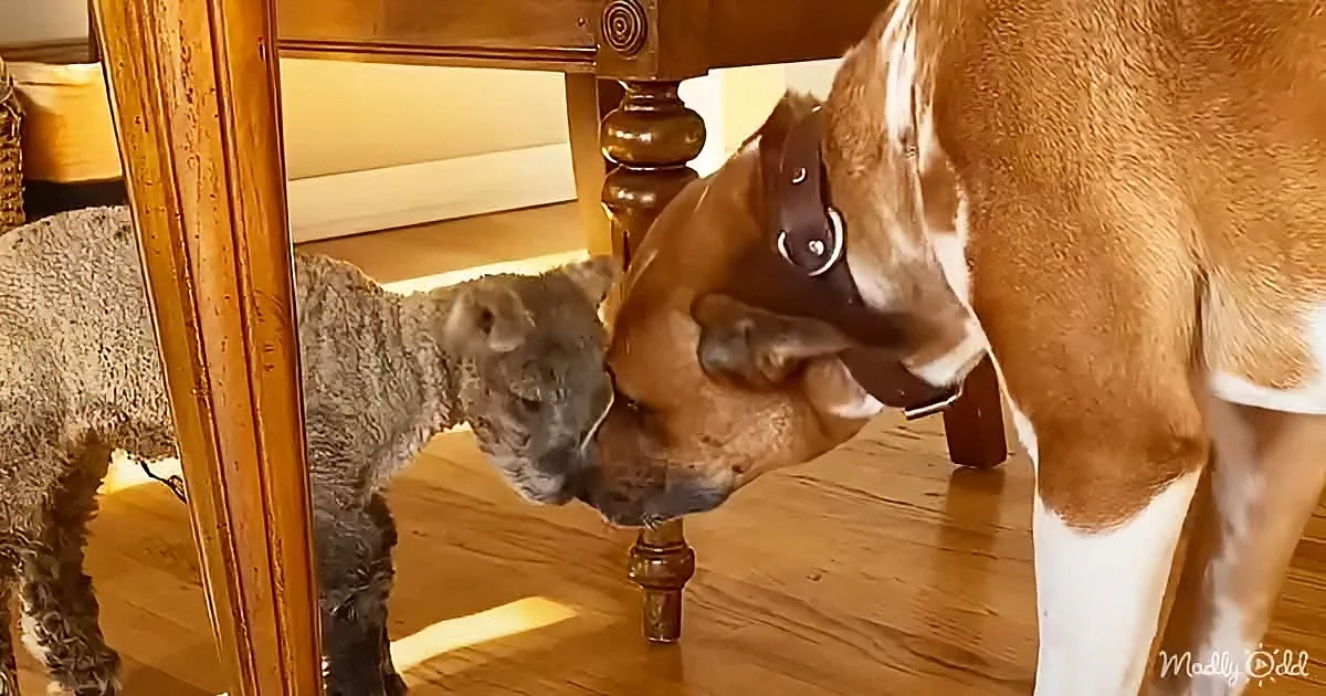 Dog and baby lamb