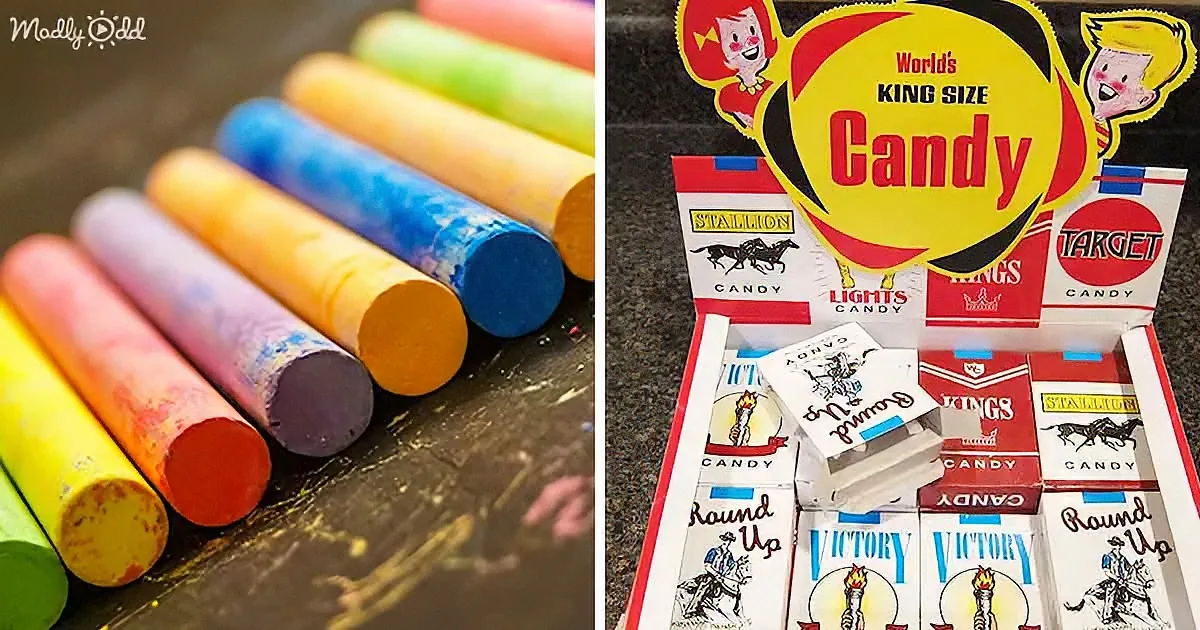 Colorful chalk sticks and vintage candy boxes with "King Size" and "Victory" designs are displayed.