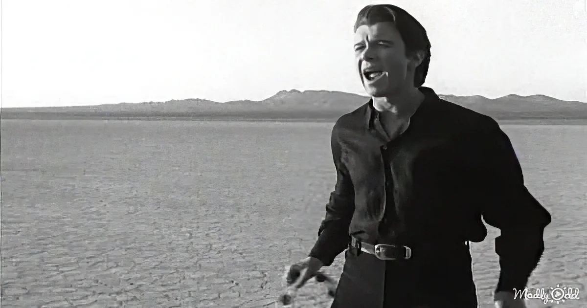 A man in a black shirt stands in a vast desert, mouth open, with mountains in the background.