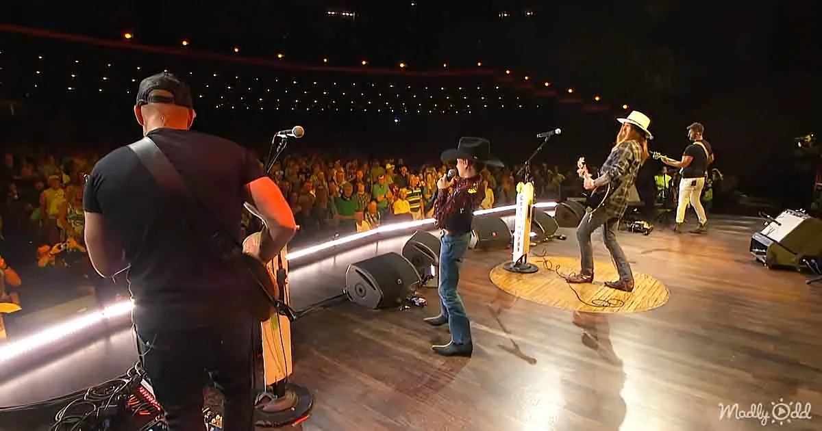 A band performs on stage with a crowd in the background, featuring a lead singer in a cowboy hat and others playing...